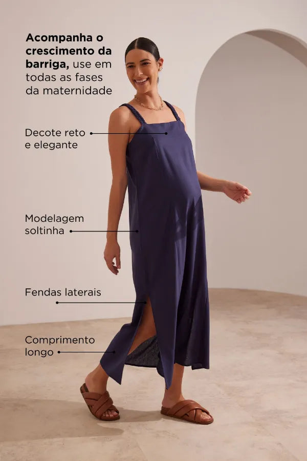 VESTIDO GESTANTE E AMAMENTAÇÃO ALÇA ELÁSTICA LINHO