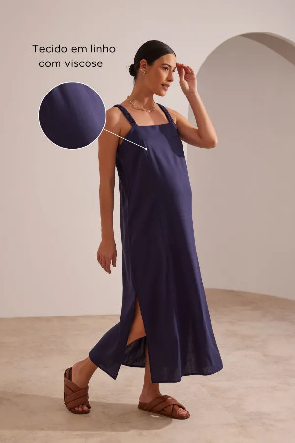 VESTIDO GESTANTE E AMAMENTAÇÃO ALÇA ELÁSTICA LINHO