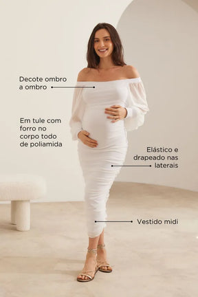 VESTIDO GESTANTE E AMAMENTAÇÃO DE TULE DRAPEADO OMBRO A OMBRO