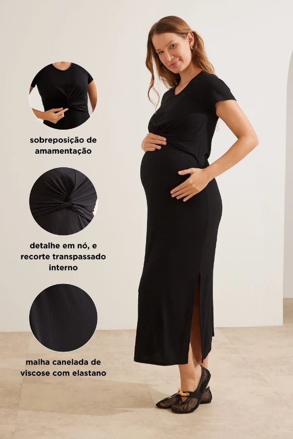 VESTIDO AMAMENTAÇÃO MÃENIFORME LONGO CANELADO